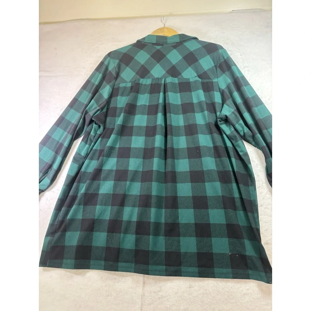 Woman Within 1X Buffalo Plaid Check Shirt Half Button Green/Black Long Sleeve